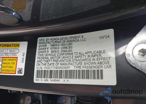 2025 Honda Accord Se z USA, uszkodzony, nr VIN 1HGCY1F49SA009347